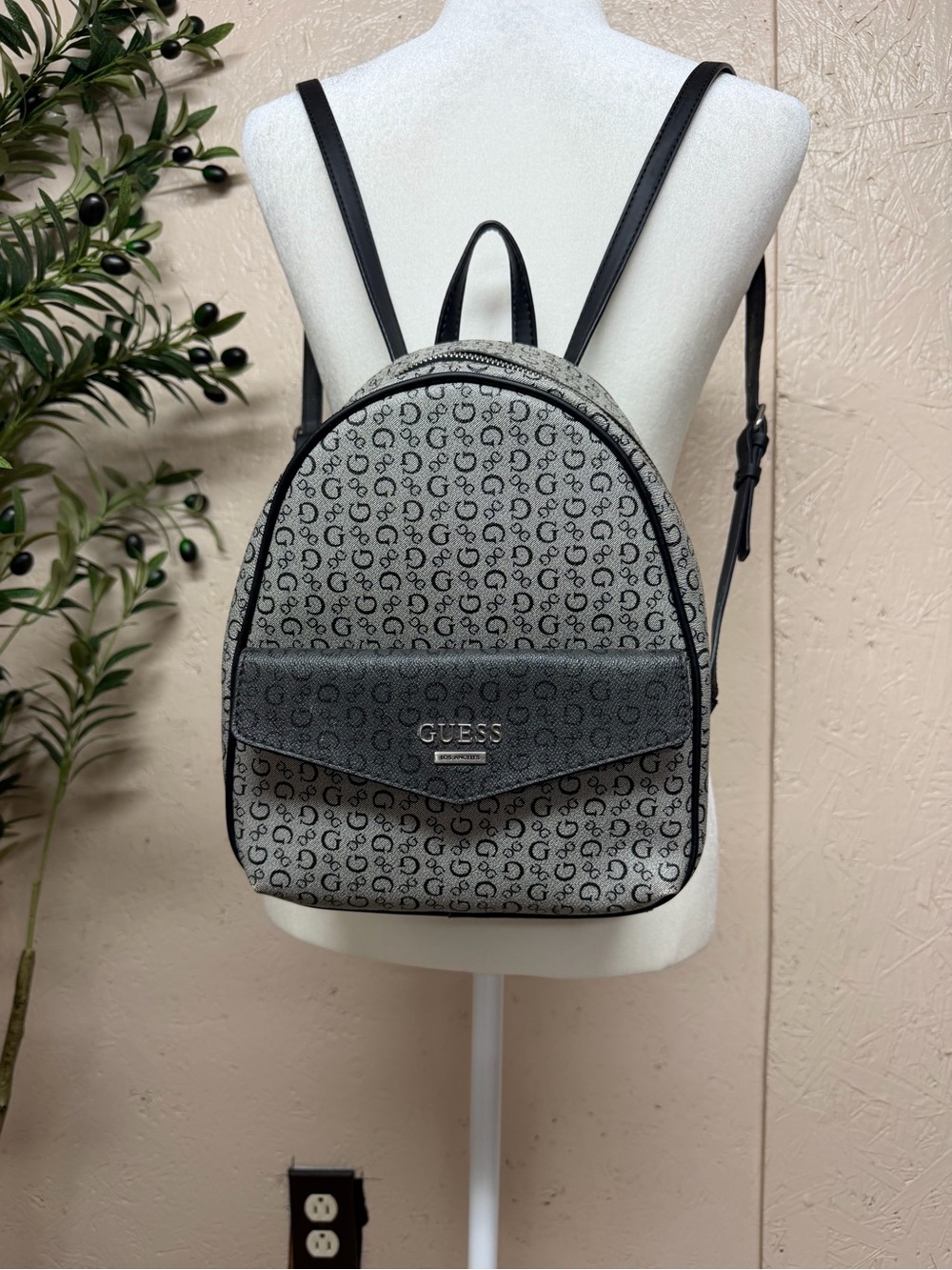 GUESS Gray Logo-Print Mini Backpack with Black Trim